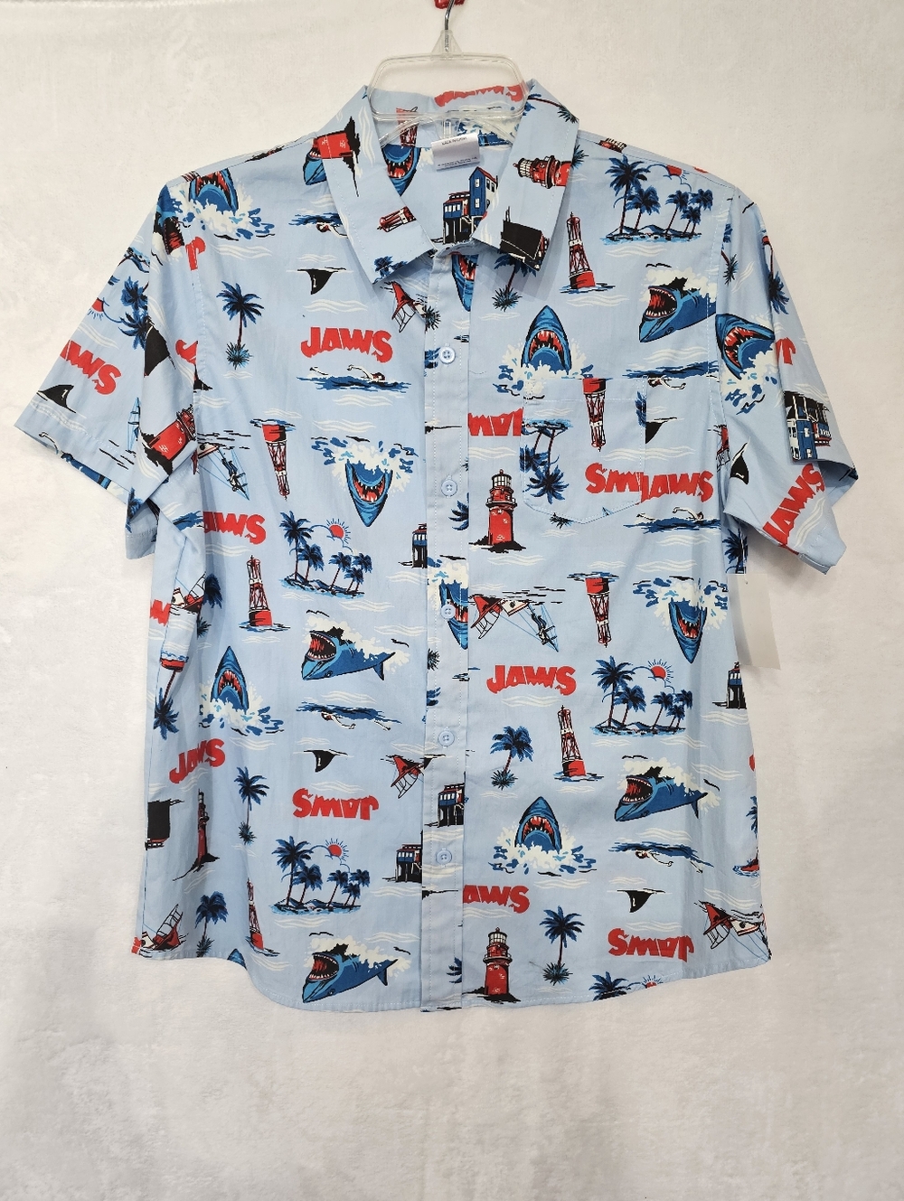 NWT Jaws Boys Blue Red Cotton Button Down Camp Shirt Size XL (14/16)